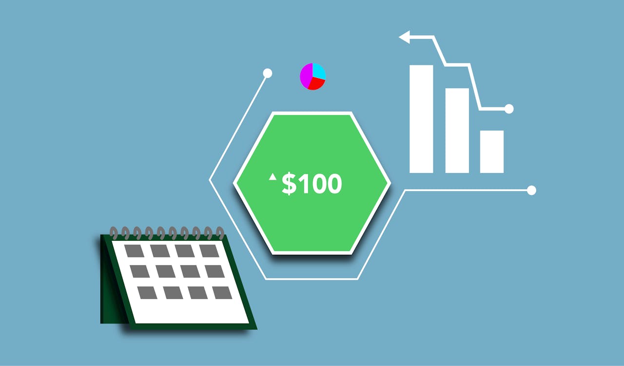 Economic concept shown on illustration with statistic graph and charts around hundred dollars demonstrating growth of currency over time